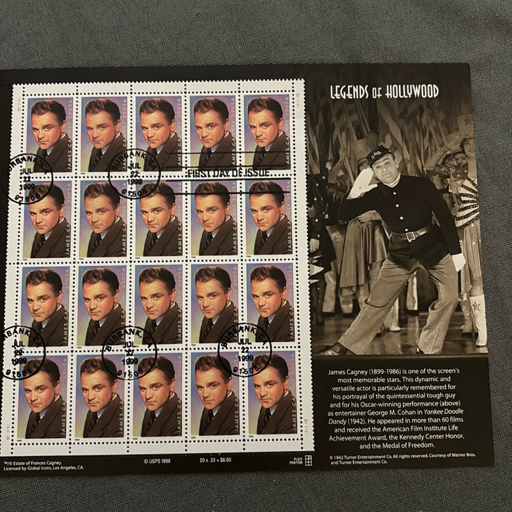 Collectable Stamps James Cagney Legends of  Hollywood Stamps. First Day of Issue